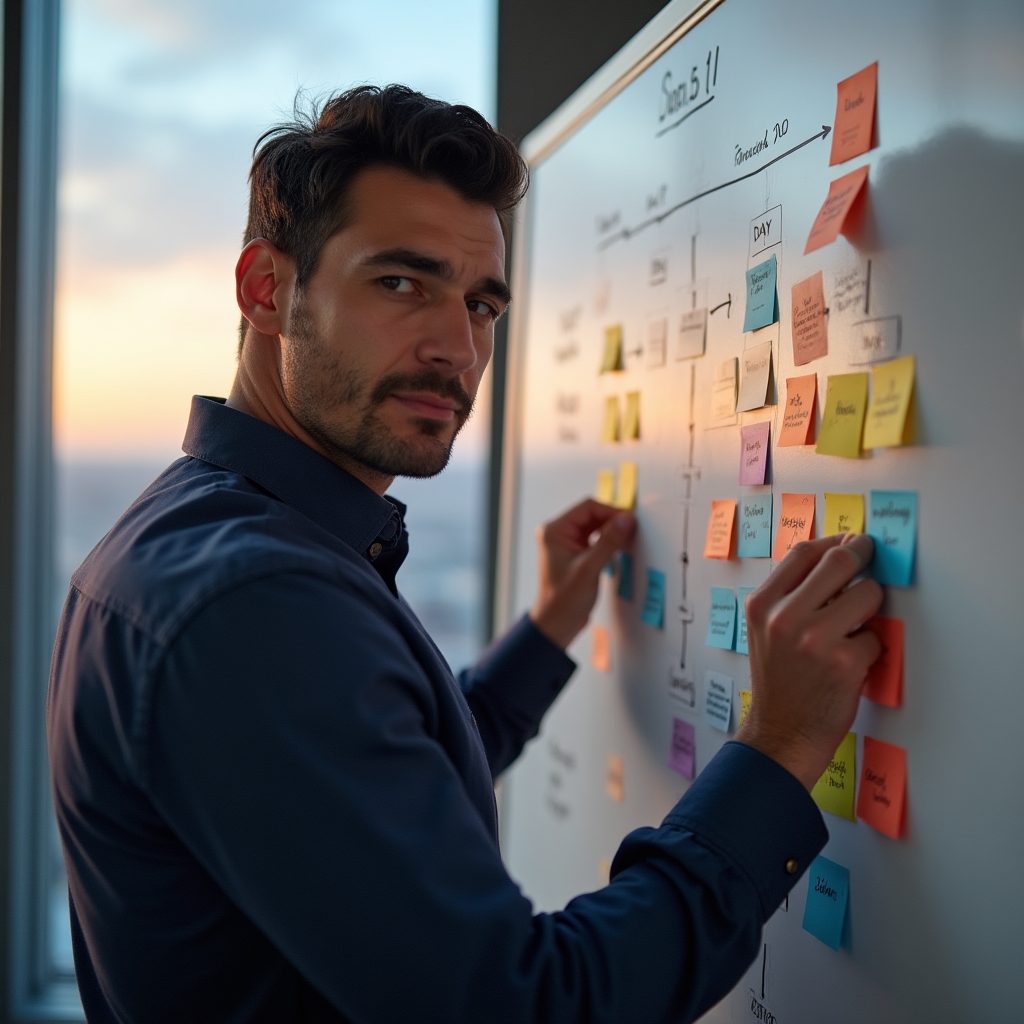 Business owner mapping customer journey on a whiteboard with sticky notes