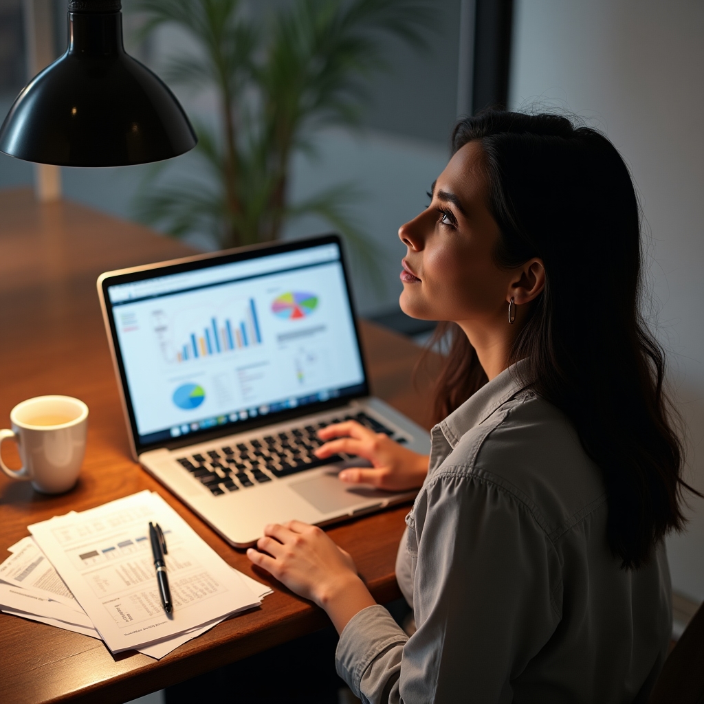 Business owner analyzing customer feedback data on a laptop with charts and survey results visible