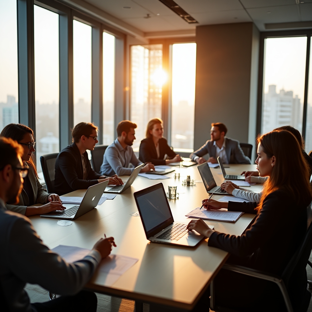 Group of small business owners engaged in workshop activity around a conference table with laptops