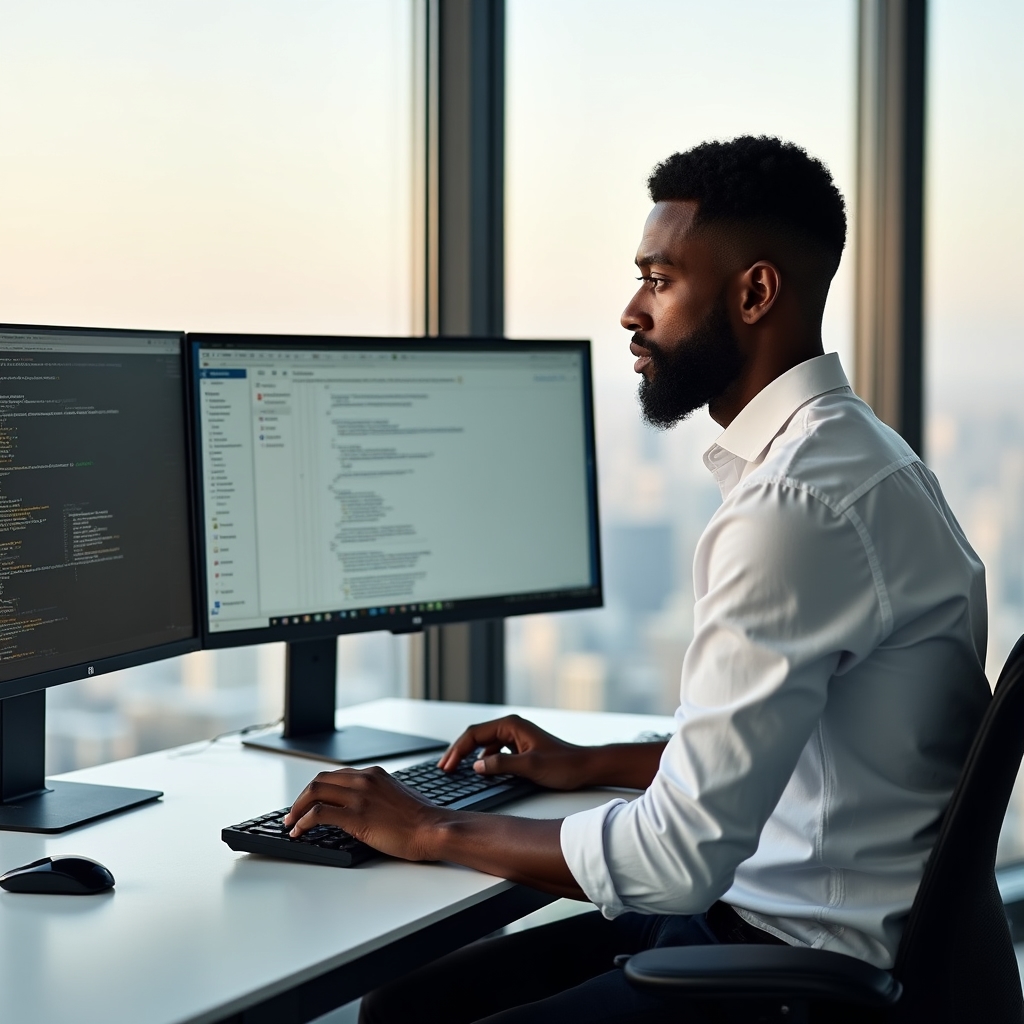 Business owner organizing content into a structured knowledge base on dual monitors