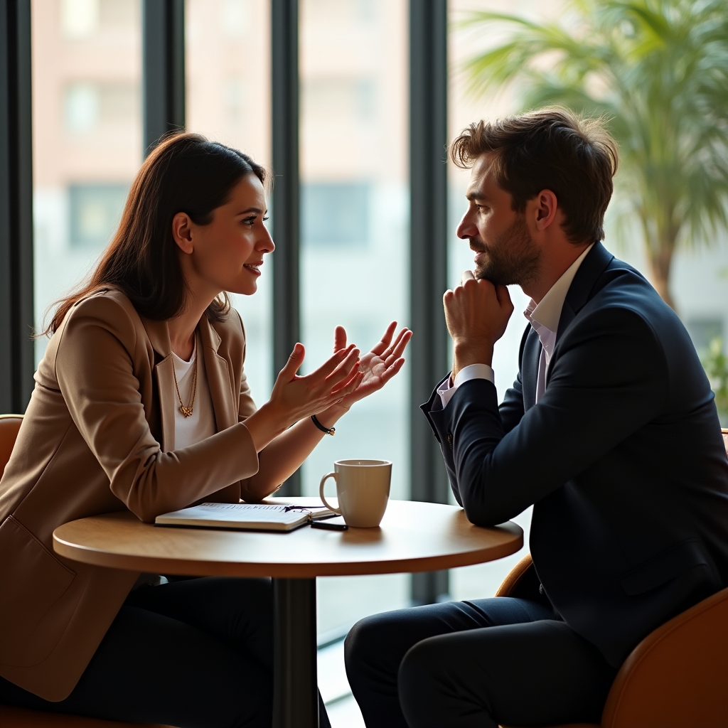 Two professionals in a thoughtful discussion about customer experience design in a modern office