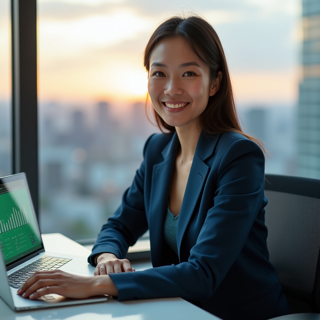 Small business owner working confidently at a desk with customer data displayed on screen