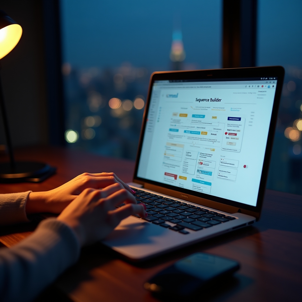 Laptop screen showing automated welcome email sequence design on a dark desk